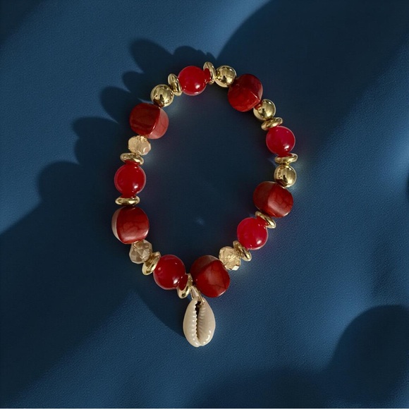 Red Beaded Cowrie Shell Bracelet ✨ Boho Gold Accent Stretch Bracelet | Handmade - Picture 3 of 5
